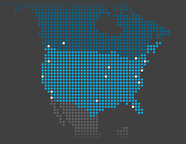 A map of the United States and Canada with dots representing ACG's locations.