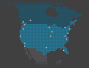 A map of North America, with dots representing the locations of ACG offices. There are multiple dots across the United States and Canada, including in Boston, New York, Toronto, Texas, Los Angeles, San Francisco, and Vancouver.